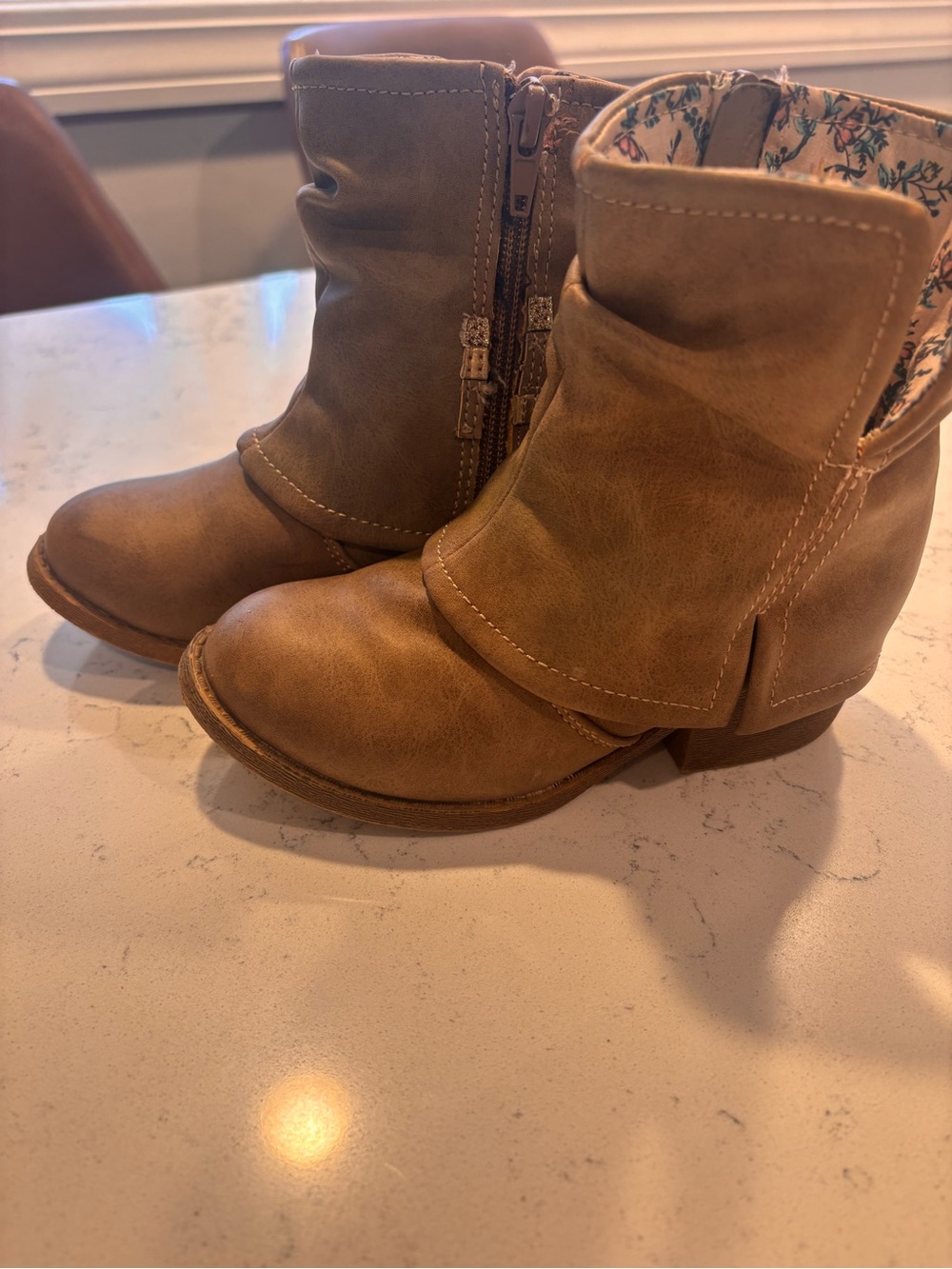 Jellypop Girls Tan Faux-Leather Zip Boots with Floral Lining